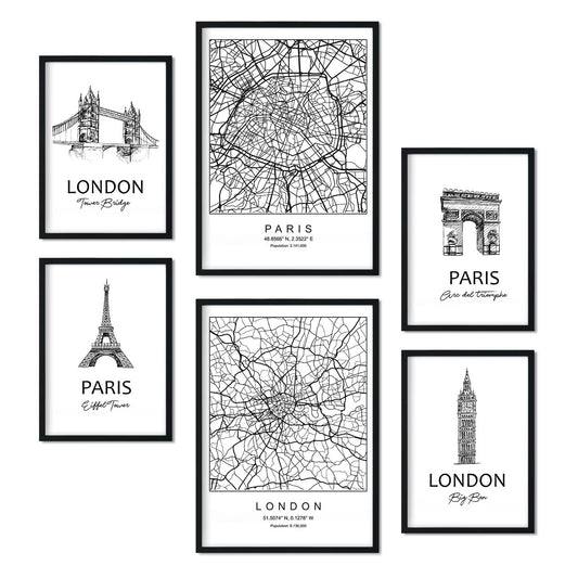 Set de 6 pósters de París y Londres. Colección de láminas con estética collage para la Tamaños A3 y A4. .-Artwork-Nacnic-Nacnic Estudio SL