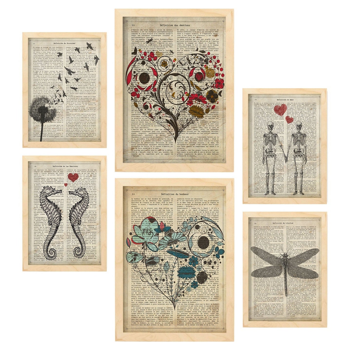Set de 6 posters Texto vintage. Colección de láminas con estética collage para la Tamaños A3 y A4. .-Artwork-Nacnic-Marco Madera clara-Nacnic Estudio SL