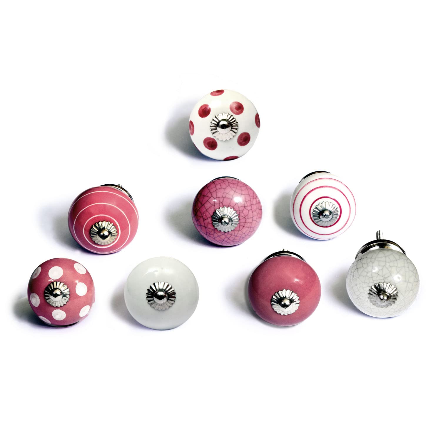 Set de 8 pomos tiradores de cerámica, En colores rosa y blanco