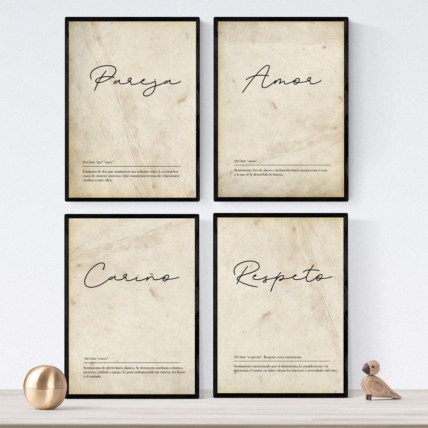 Set de cuatro láminas con definiciones de Palabras para pareja Fondo vintage.-Artwork-Nacnic-Nacnic Estudio SL