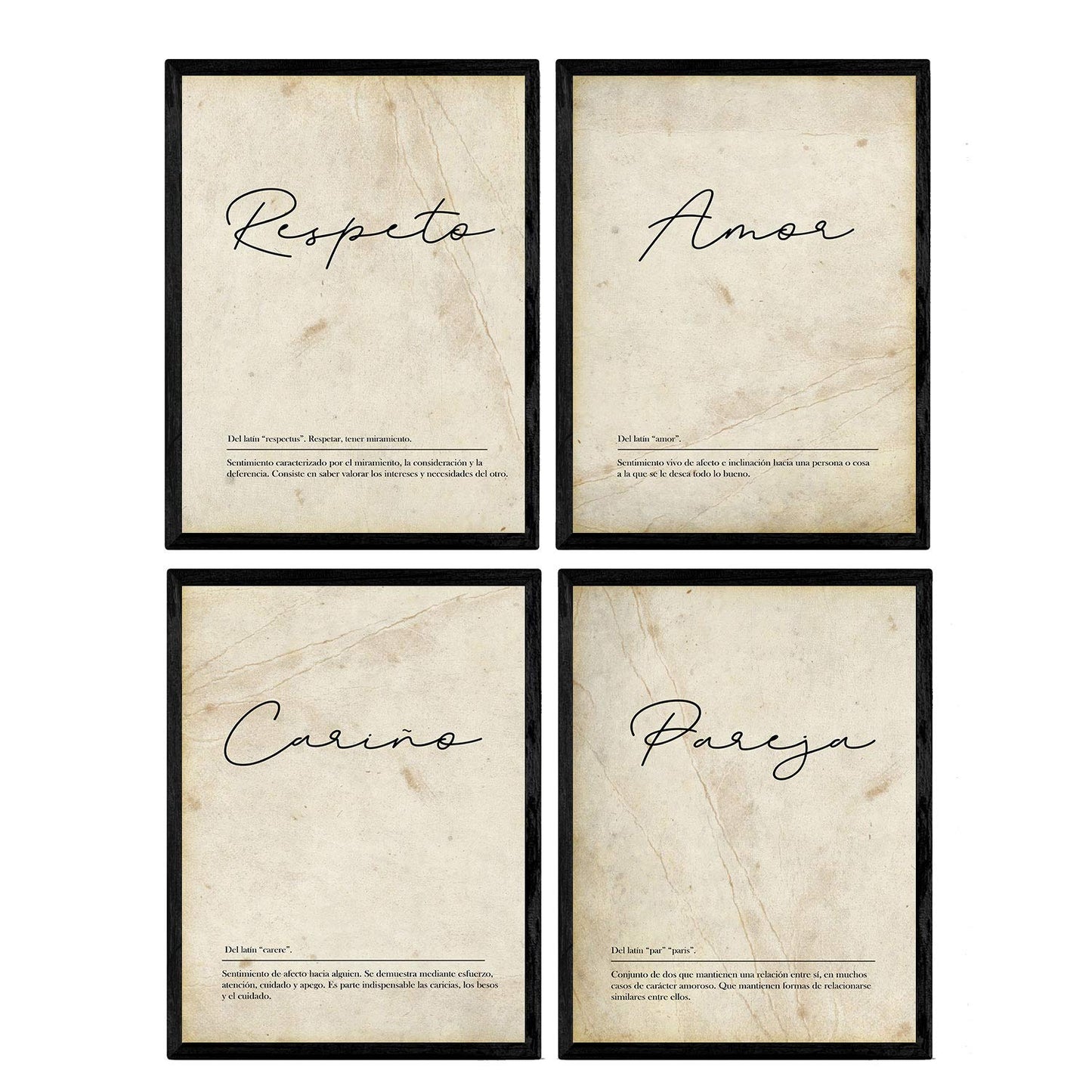 Set de cuatro láminas con definiciones de Palabras para pareja Fondo vintage.-Artwork-Nacnic-Nacnic Estudio SL