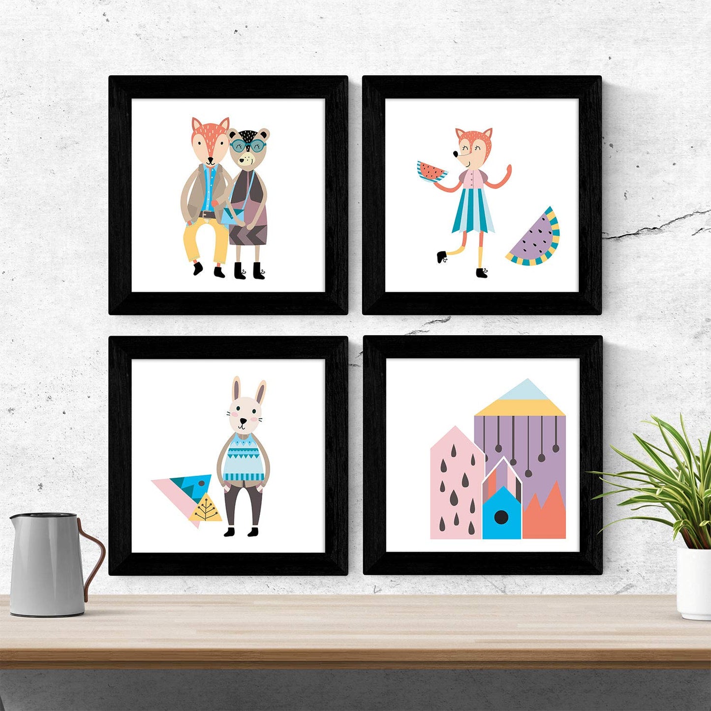 Set de cuatro láminas cuadradas con ilustraciones de Animales modernos escandinavos en la ciudadTamaño 20x20 cm estilo nordico-Artwork-Nacnic-Nacnic Estudio SL