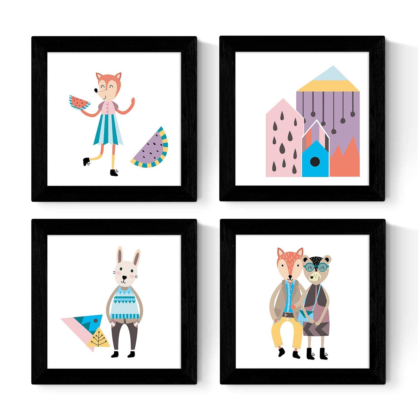 Set de cuatro láminas cuadradas con ilustraciones de Animales modernos escandinavos en la ciudadTamaño 20x20 cm estilo nordico-Artwork-Nacnic-Nacnic Estudio SL