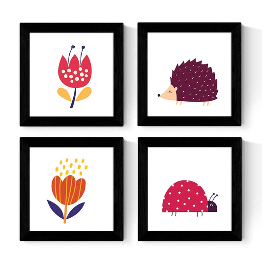Set de cuatro láminas cuadradas con ilustraciones de erizo, mariquita y floresTamaño 20x20 cm estilo escandinavo nordico-Artwork-Nacnic-Nacnic Estudio SL