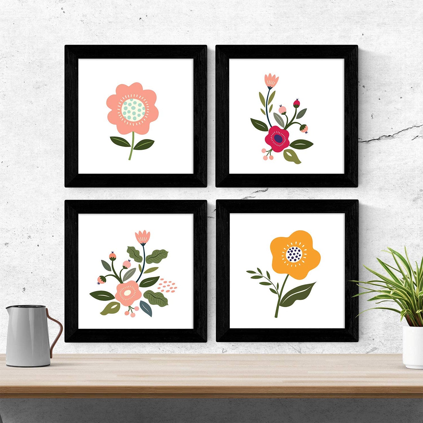 Set de cuatro láminas cuadradas con ilustraciones de flores llamativas tonos rosas y naranjas cm estilo escandinavo nordico-Artwork-Nacnic-Nacnic Estudio SL