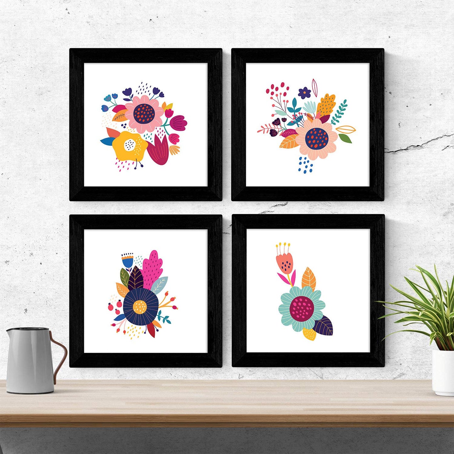 Set de cuatro láminas cuadradas con ilustraciones de flores multicolores cm estilo escandinavo nordico-Artwork-Nacnic-Nacnic Estudio SL