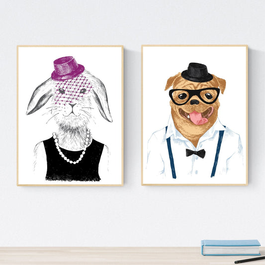 Set de dos láminas ANIMALES ILUSTRADOS. Pack de dos poster para enmarcar con ilustraciones de animales. Regalo para los amigos de los animales. Decoracion del hogar. alta calidad. Nacnic-Artwork-Nacnic-Nacnic Estudio SL