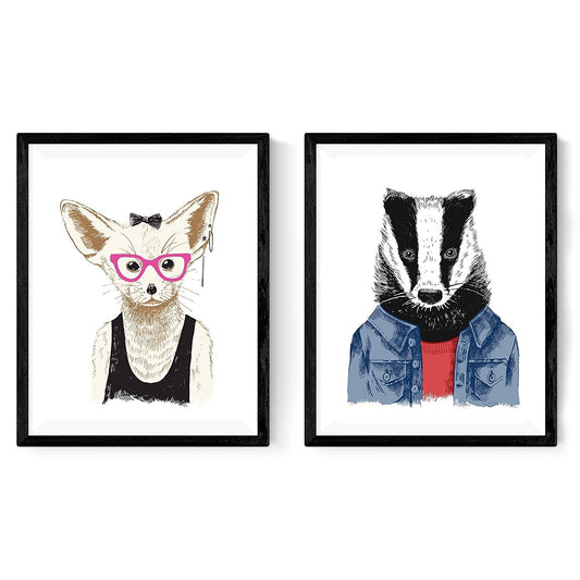 Set de dos láminas ANIMALES ILUSTRADOS. Pack de dos poster para enmarcar con ilustraciones de animales. Regalo para los amigos de los animales. Decoracion del hogar. Papel 250 gr. Nacnic-Artwork-Nacnic-Nacnic Estudio SL