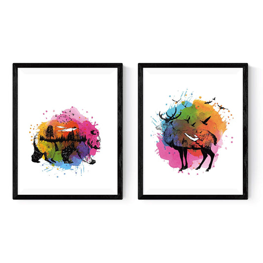 Set de Dos láminas Estilo nórdico para enmarcar. Compuesto por lámina Oso y lámina Ciervo. Colores. Tamaño A4. Papel 250 gr y tintas-Nacnic-Nacnic Estudio SL