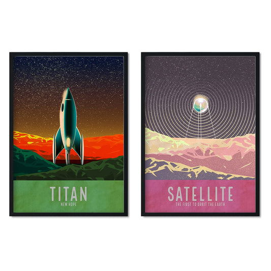 Set de láminas Pack Aterrizaje. Pósters con detalladas ilustraciones del espacio. Coloridas imágenes de satélites, estrellas y planetas.-Artwork-Nacnic-Nacnic Estudio SL