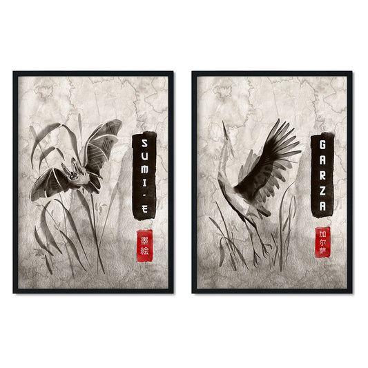 Set de láminas Pack voladores. Pósters en estilo Sumi-E. Imágenes vintage de animales en tonos grises.-Artwork-Nacnic-Nacnic Estudio SL