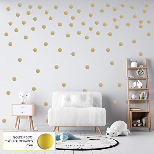 Set de pegatinas de pared CÍRCULOS DE ORO. Mezcla de 107 unidades. Vinilos decorativos dorados de 4 CM / 7 CM / 10 CM. Decoración para Hogar, Oficina, Tienda.-Nacnic-Nacnic Estudio SL