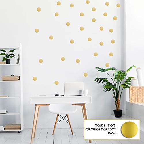 Set de pegatinas de pared CÍRCULOS DE ORO. Mezcla de 107 unidades. Vinilos decorativos dorados de 4 CM / 7 CM / 10 CM. Decoración para Hogar, Oficina, Tienda.-Nacnic-Nacnic Estudio SL