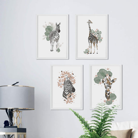 Set de posters de animales de la jungla. Lámina Cebra Jirafa con diseño de animales, flores y plantas de la jungla.-Artwork-Nacnic-Nacnic Estudio SL