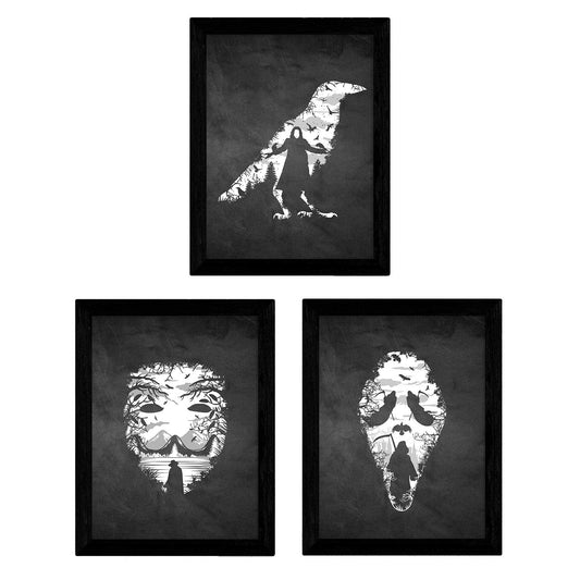 Set de tres láminas blanco y negro peliculas V de Vendeta, Scream y El cuervo Poster Fondo negro estilo pizarra-Artwork-Nacnic-Nacnic Estudio SL