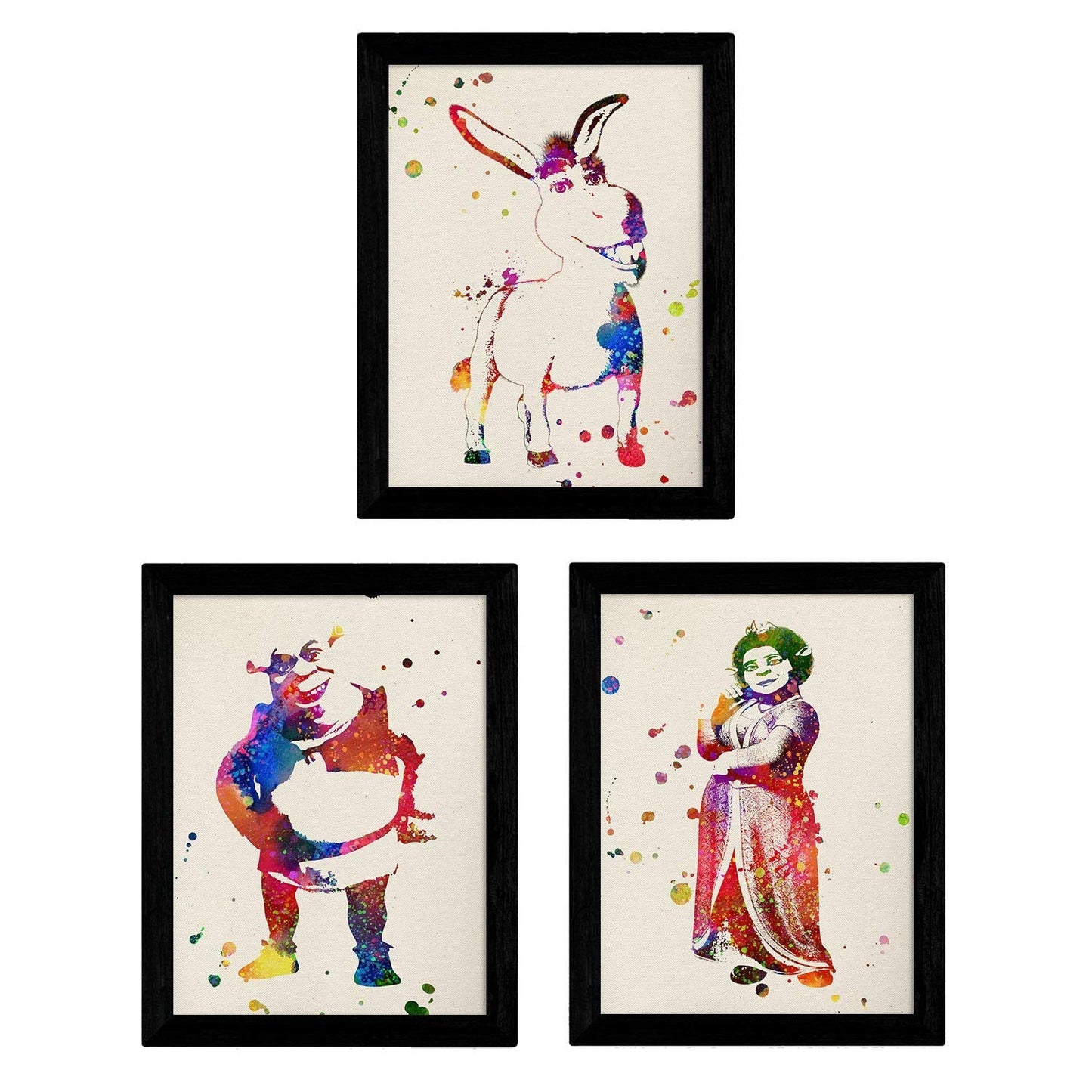 Set de tres láminas estilo explosión de color. Posters Pelicula Shrek, Fiona y el burro en Fondo color acurela-Artwork-Nacnic-Nacnic Estudio SL