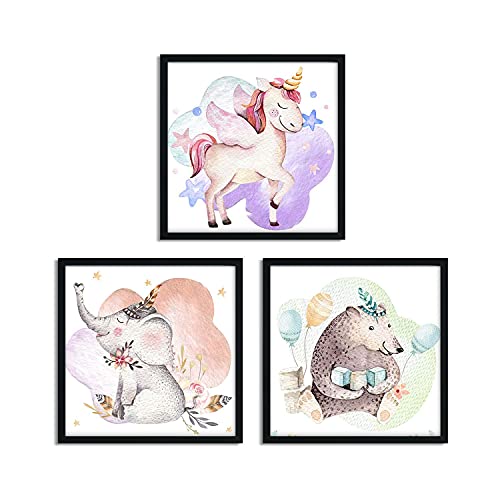 Set de Tres láminas para enmarcar Elefante, Oso, Unicornio tamaño 25x25 cm-Artwork-Nacnic-Nacnic Estudio SL