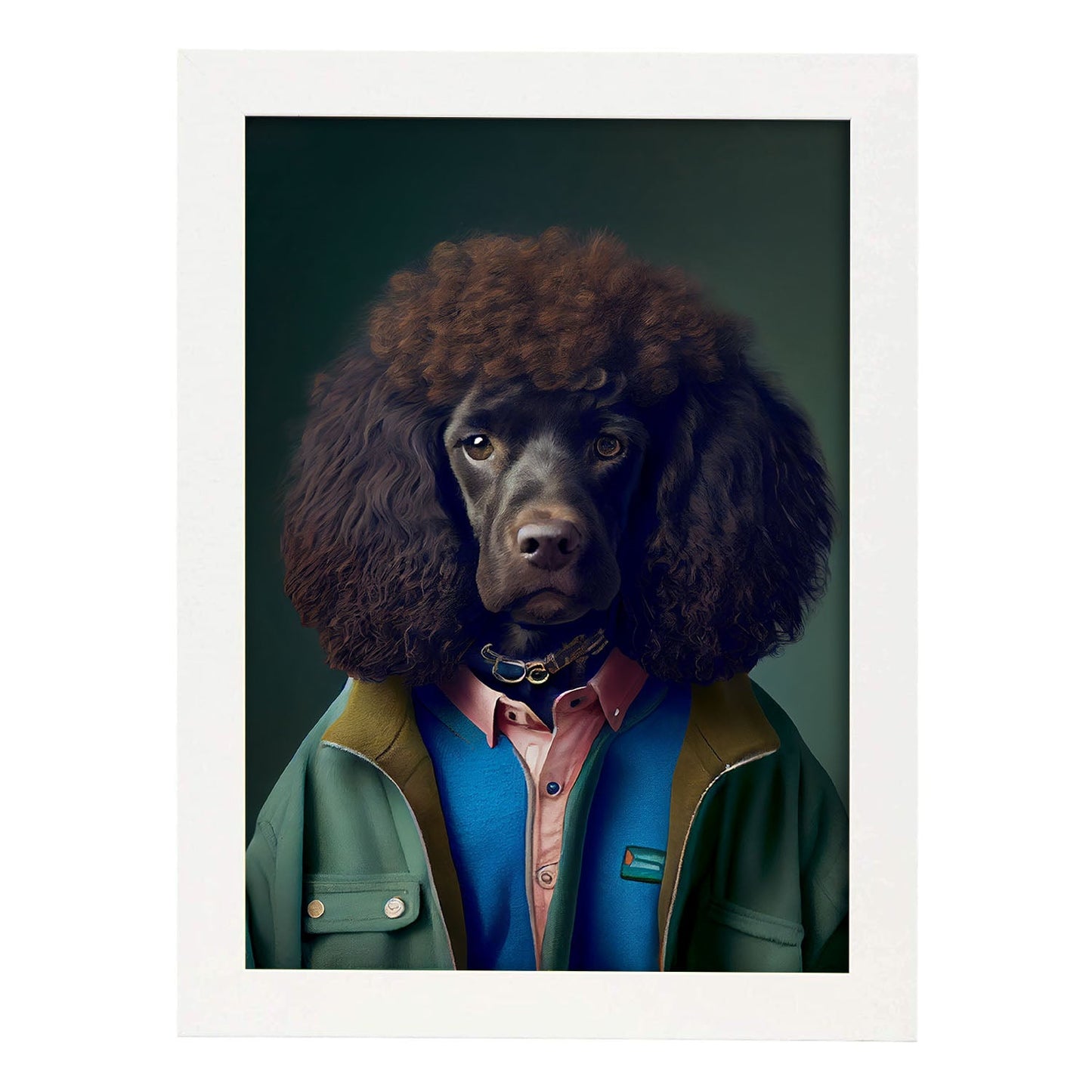 Spaniel de agua irlandesa nacnica vestida de humano. Estampados de arte de pared estético para el diseño de dormitorio o sala de estar.-Artwork-Nacnic-A4-Marco Blanco-Nacnic Estudio SL