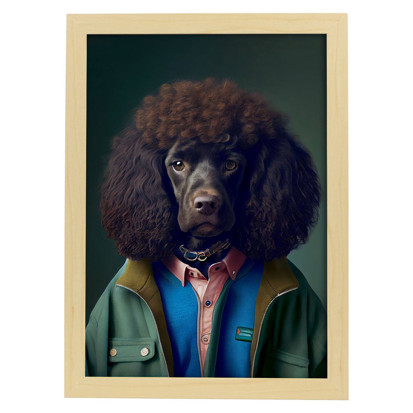 Spaniel de agua irlandesa nacnica vestida de humano. Estampados de arte de pared estético para el diseño de dormitorio o sala de estar.-Artwork-Nacnic-A4-Marco Madera clara-Nacnic Estudio SL