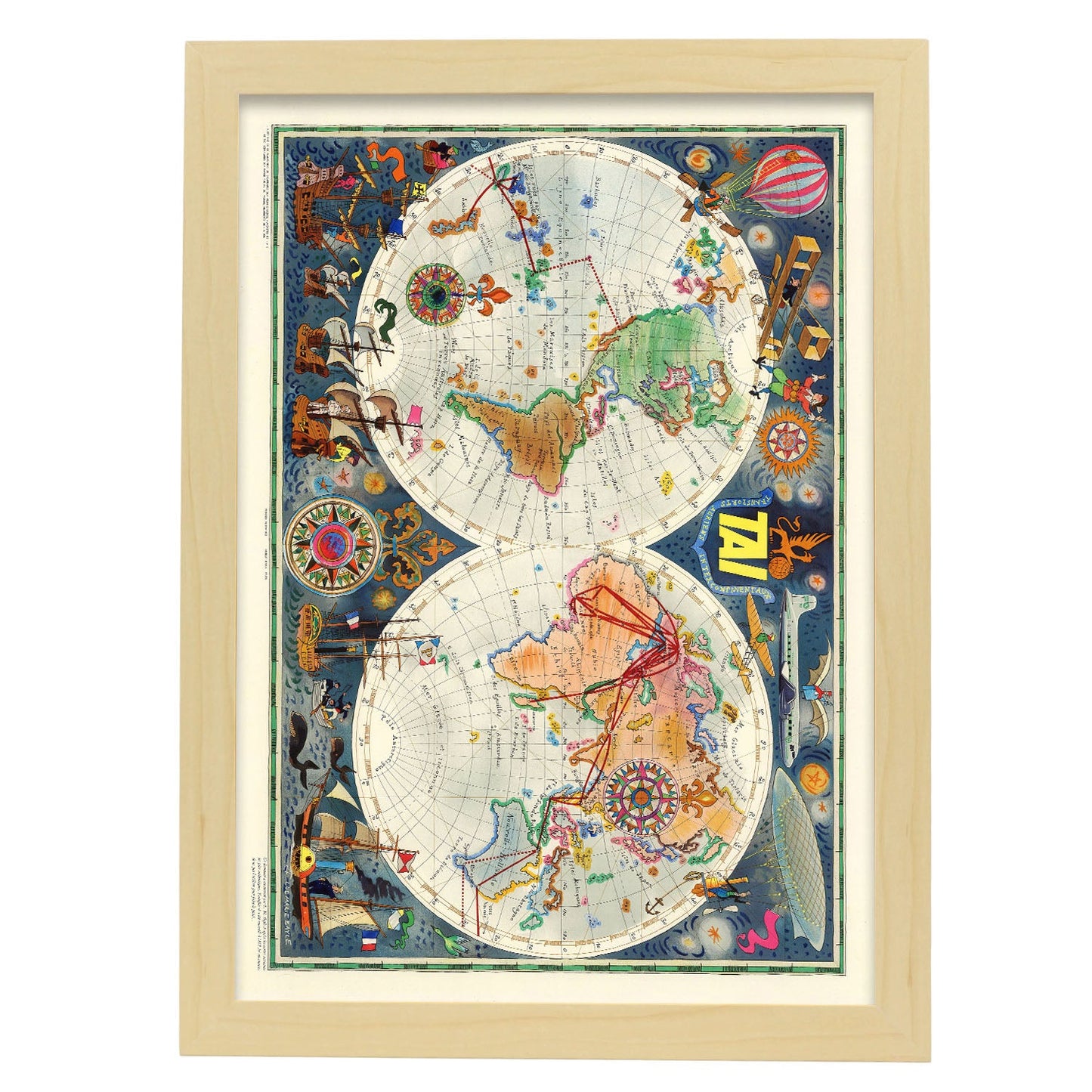 TIA-Vintage-airline-poster-world-map-Artwork-Nacnic-A3-Marco Madera clara-Nacnic Estudio SL