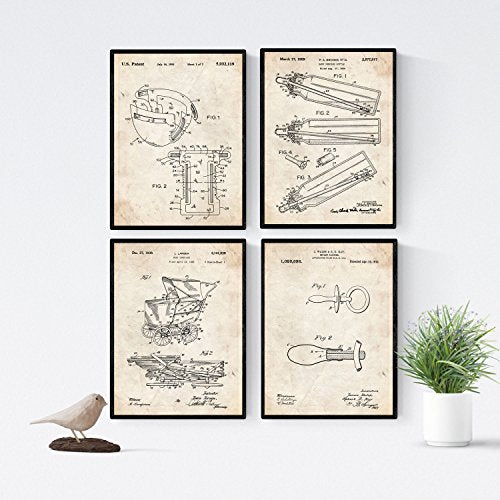 Vintage - Pack de 4 Láminas con Patentes de Bebés. Set de Posters con inventos y Patentes Antiguas.-Artwork-Nacnic-Nacnic Estudio SL