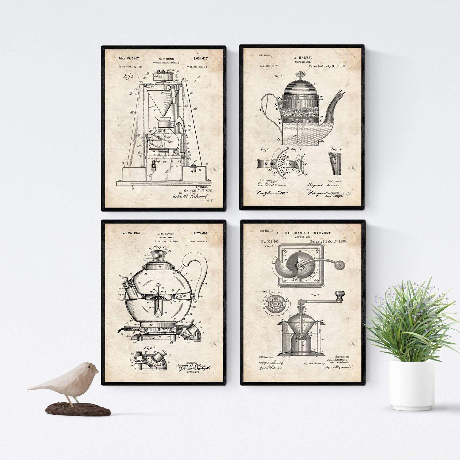 Vintage - Pack de 4 Láminas con Patentes de Cafeteras. Set de Posters con inventos y Patentes Antiguas.-Artwork-Nacnic-Nacnic Estudio SL
