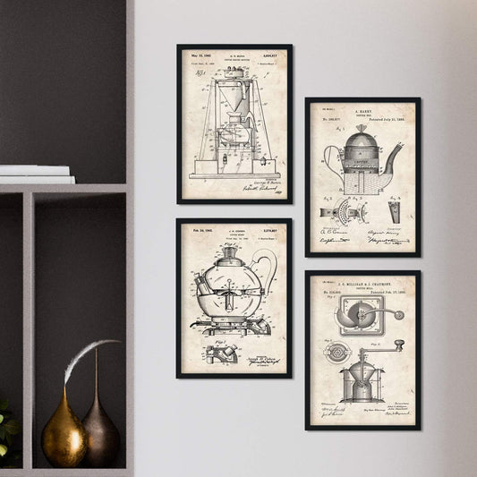 Vintage - Pack de 4 Láminas con Patentes de Cafeteras. Set de Posters con inventos y Patentes Antiguas.-Artwork-Nacnic-Nacnic Estudio SL