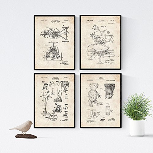VINTAGE - Pack de 4 láminas con PATENTES de JUGUETES INFANTILES. Set de posters con inventos y Patentes Antiguas.-Artwork-Nacnic-Nacnic Estudio SL