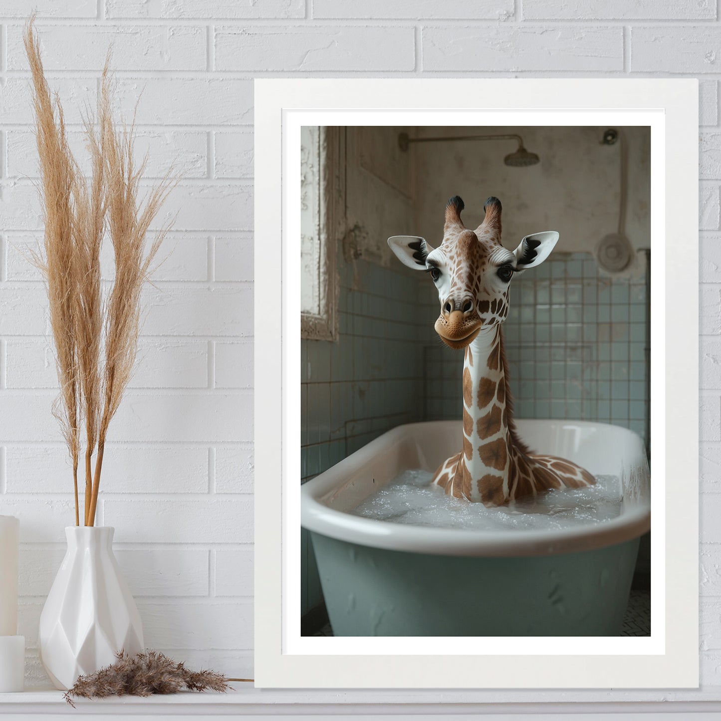 Set de 3 Cuadros Divertidos Animales en la Bañera, Simpático Elefante, Jirafa, Llama Póster con ilustración impresa en estilo fotográfico para decorar las paredes del Inodoro, Ducha, Cuarto de baño, WC
