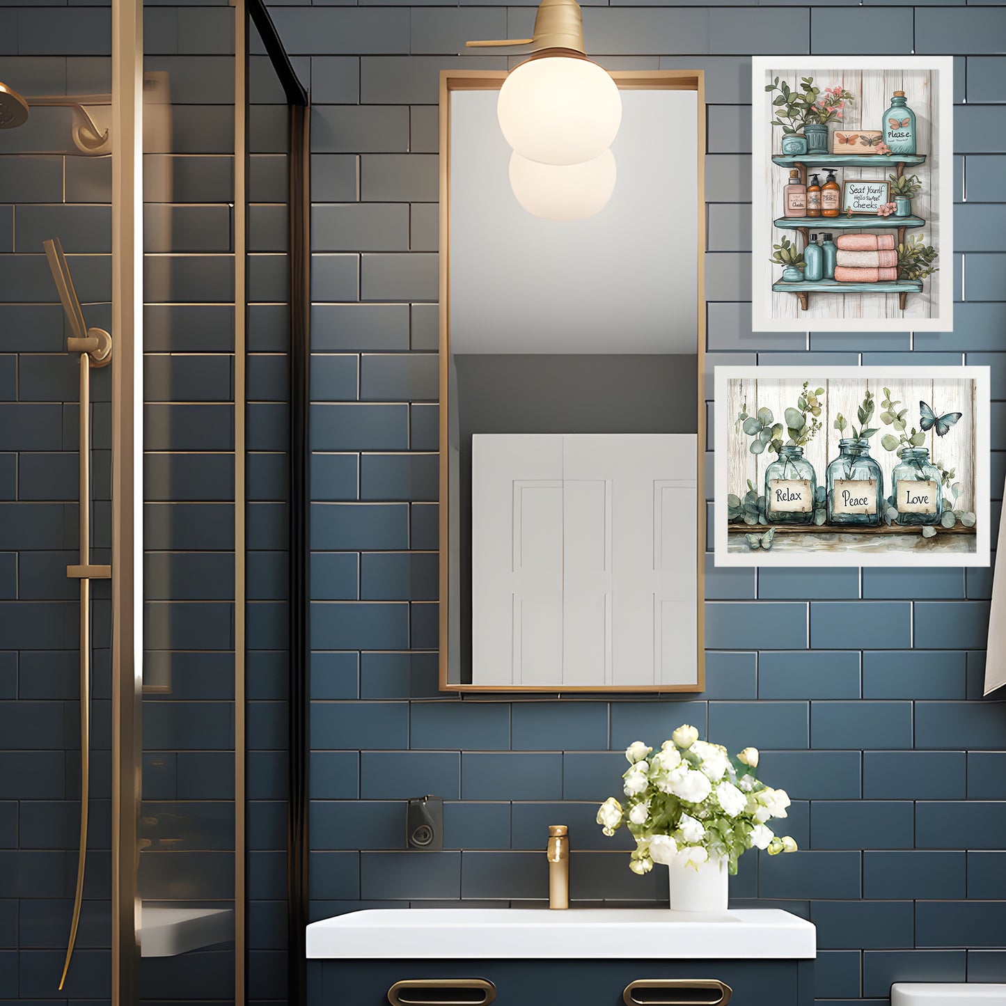 Set de 2 Cuadros de Inodoro con Encanto Impresión Ilustración de Vibraciones Positivas en Estilo Acuarela para Decorar las Paredes del Baño, Ducha, Lavabo, WC