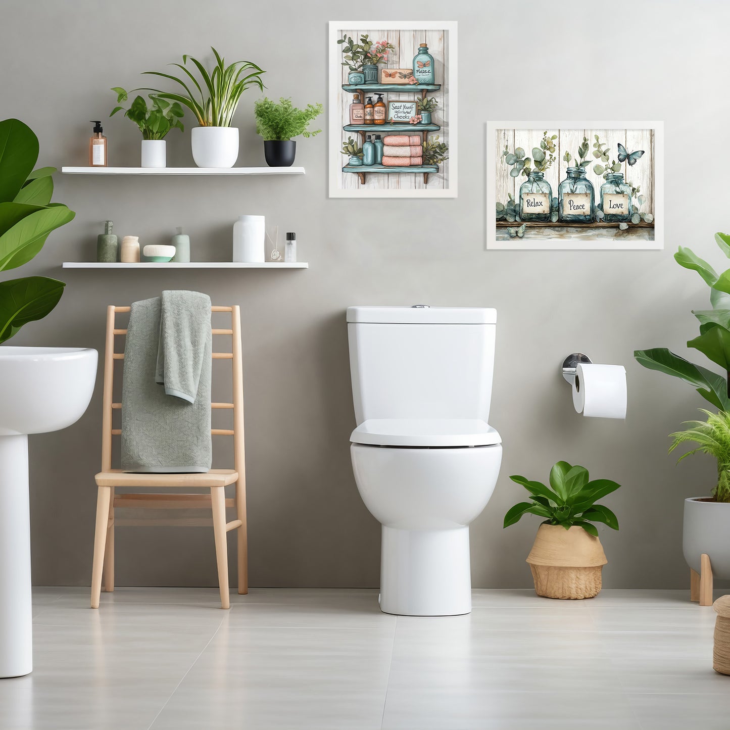 Set de 2 Cuadros de Inodoro con Encanto Impresión Ilustración de Vibraciones Positivas en Estilo Acuarela para Decorar las Paredes del Baño, Ducha, Lavabo, WC