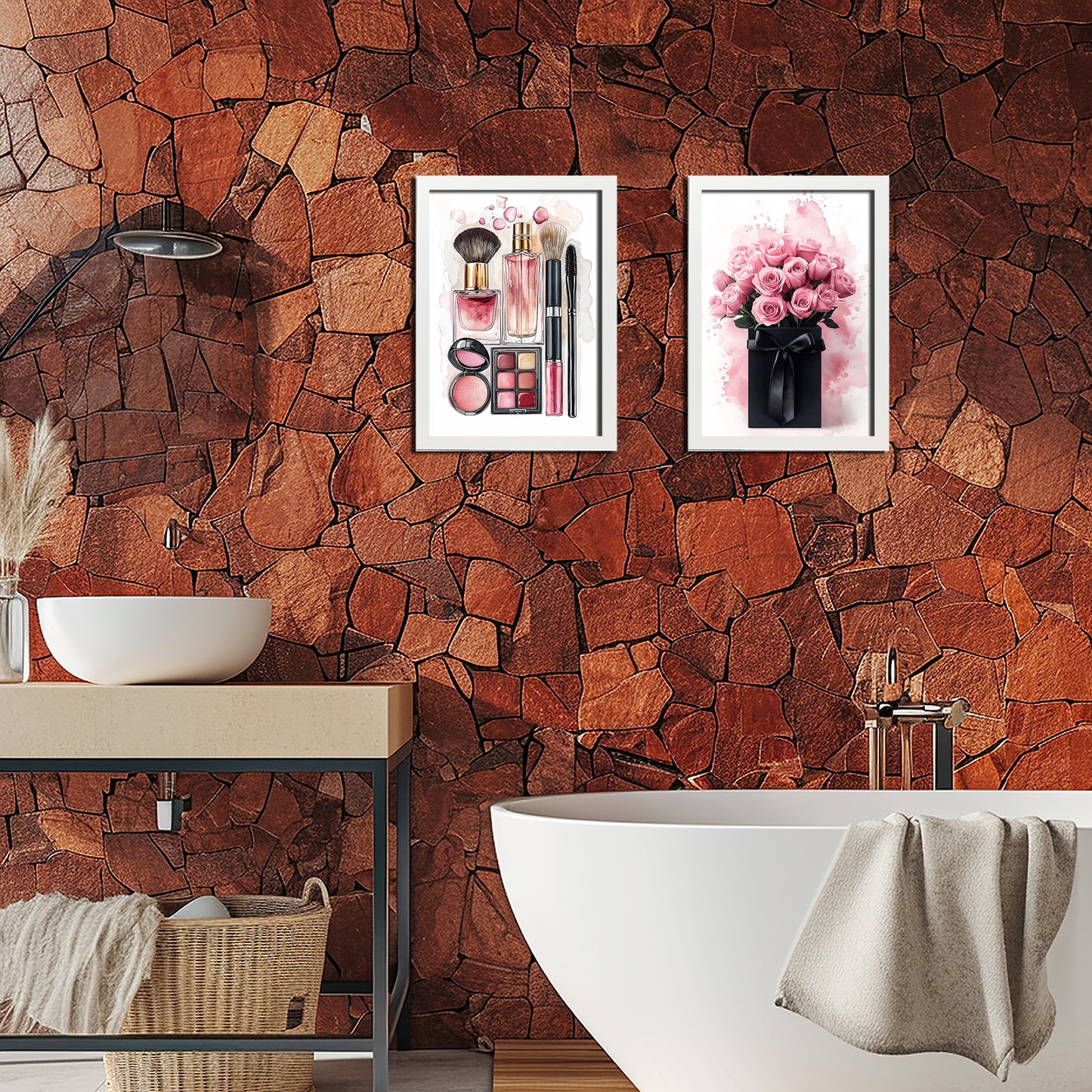 Set de 2 Cuadros de Maquillaje y Cosmética con Flores Rosas, Ilustración impresa para decorar las paredes del WC, Tocador, Baño, Vestidor, Salón