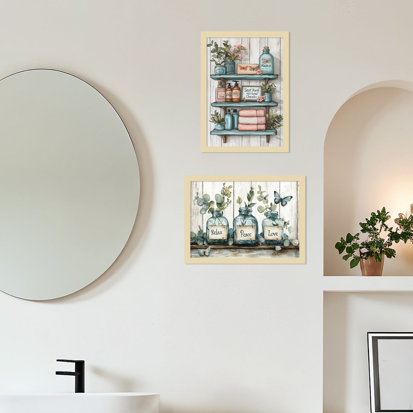 Set de 2 Cuadros de Inodoro con Encanto Impresión Ilustración de Vibraciones Positivas en Estilo Acuarela para Decorar las Paredes del Baño, Ducha, Lavabo, WC