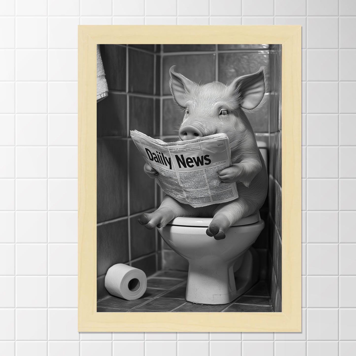 Set de 2 Cuadros de Animales con Periódico en el WC, Perro, Cerdo, Blanco y Negro con Ilustración Impresa en Estilo B/N para Decorar las Paredes del WC, Cuarto de Baño, Aseo, WC