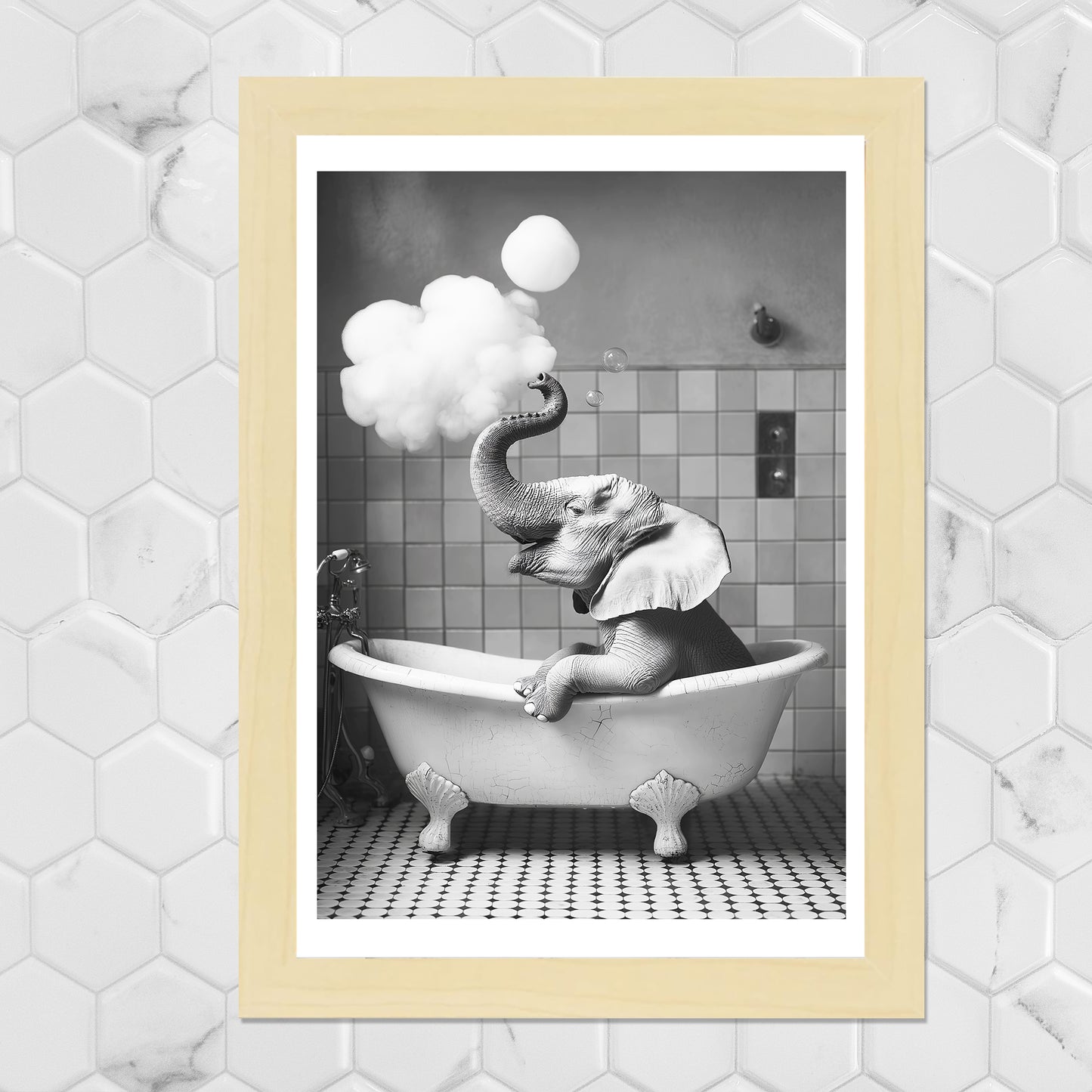 Set de 2 Cuadros Elefante en la Bañera con Simpáticos Animales en Blanco y Negro Ilustración impresa para decorar las paredes del Inodoro, Ducha, Cuarto de baño, Aseo, WC