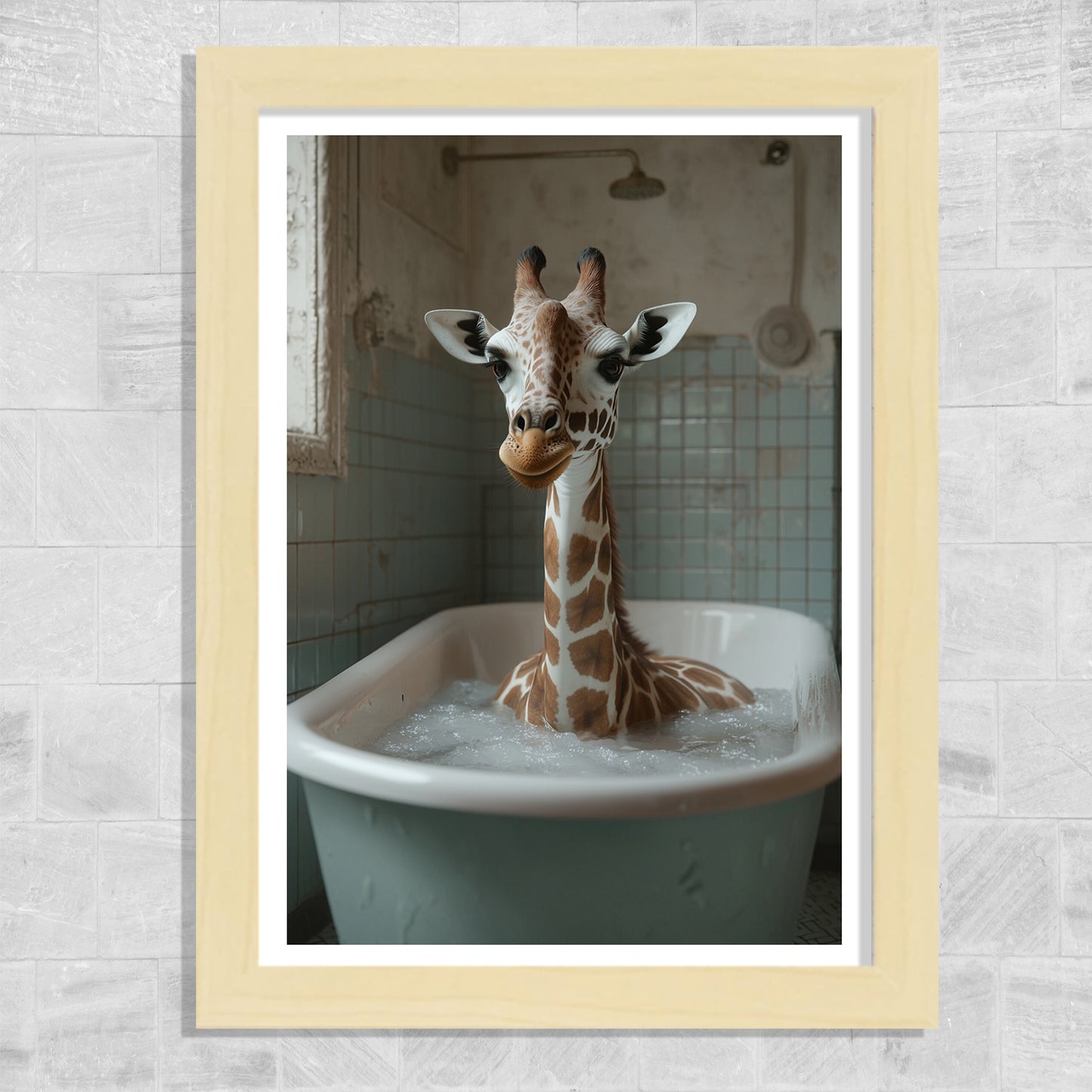 Set de 3 Cuadros Divertidos Animales en la Bañera, Simpático Elefante, Jirafa, Llama Póster con ilustración impresa en estilo fotográfico para decorar las paredes del Inodoro, Ducha, Cuarto de baño, WC