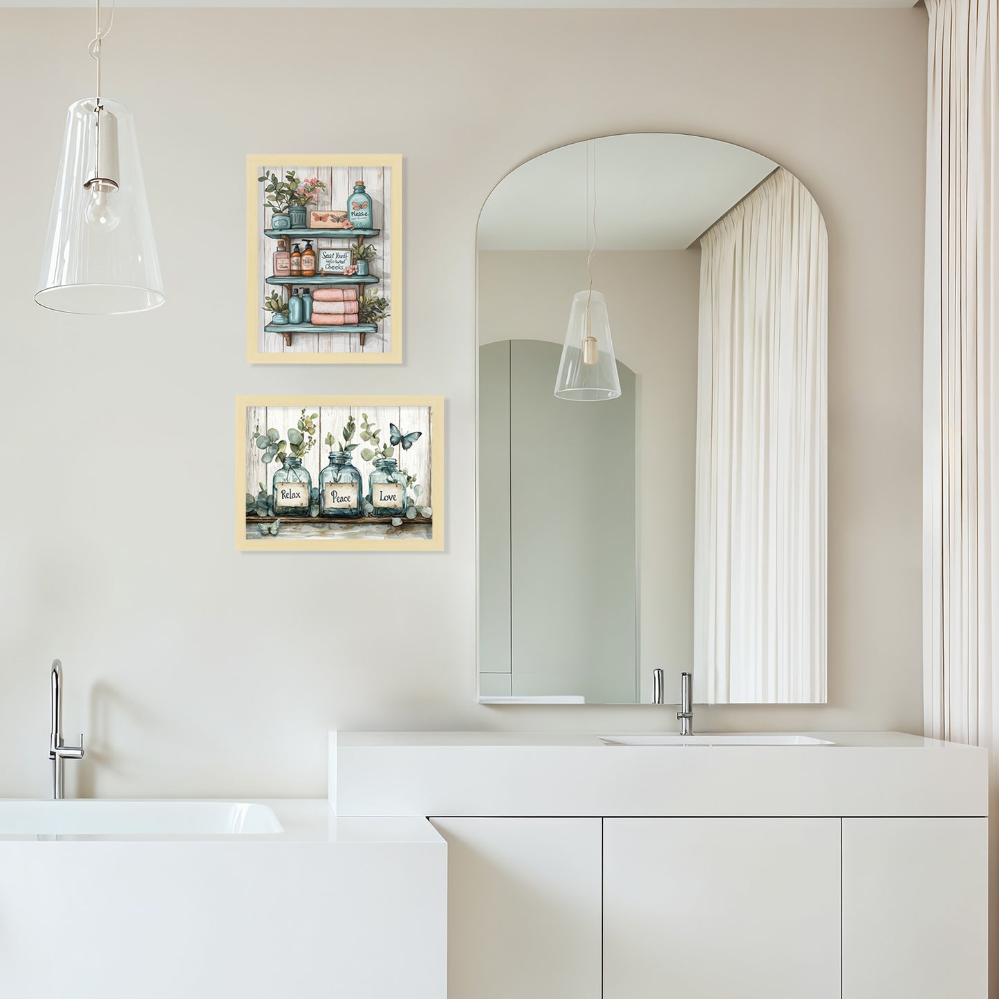 Set de 2 Cuadros de Inodoro con Encanto Impresión Ilustración de Vibraciones Positivas en Estilo Acuarela para Decorar las Paredes del Baño, Ducha, Lavabo, WC
