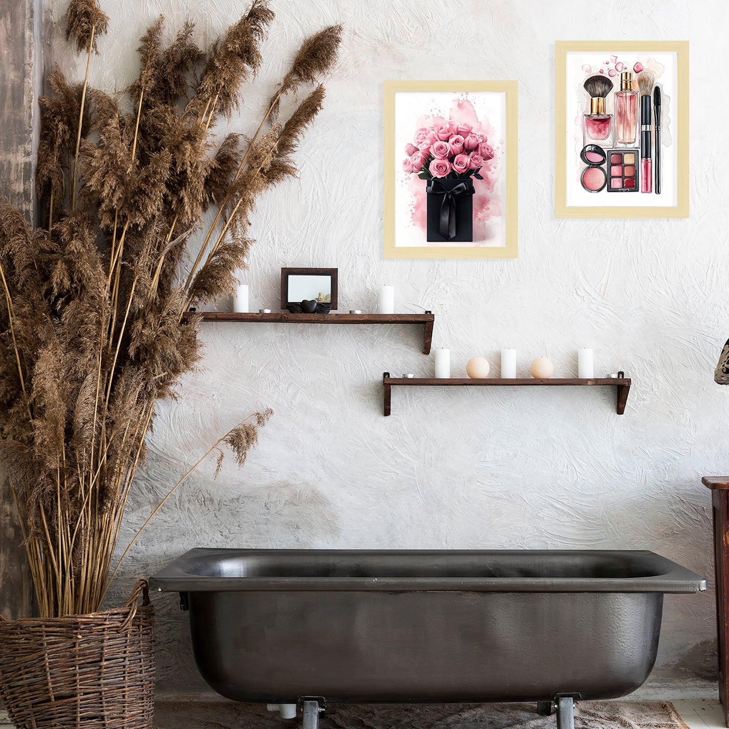 Set de 2 Cuadros de Maquillaje y Cosmética con Flores Rosas, Ilustración impresa para decorar las paredes del WC, Tocador, Baño, Vestidor, Salón