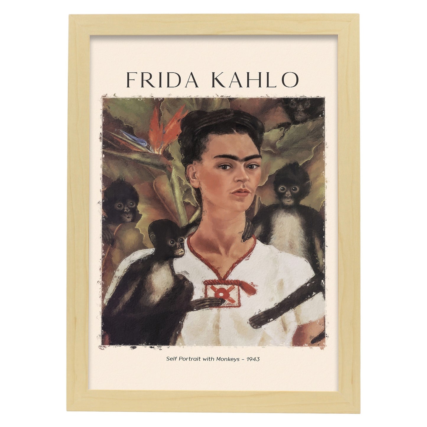 Lámina Autorretrato con monos inspirada en Frida Kahlo para tu hogar