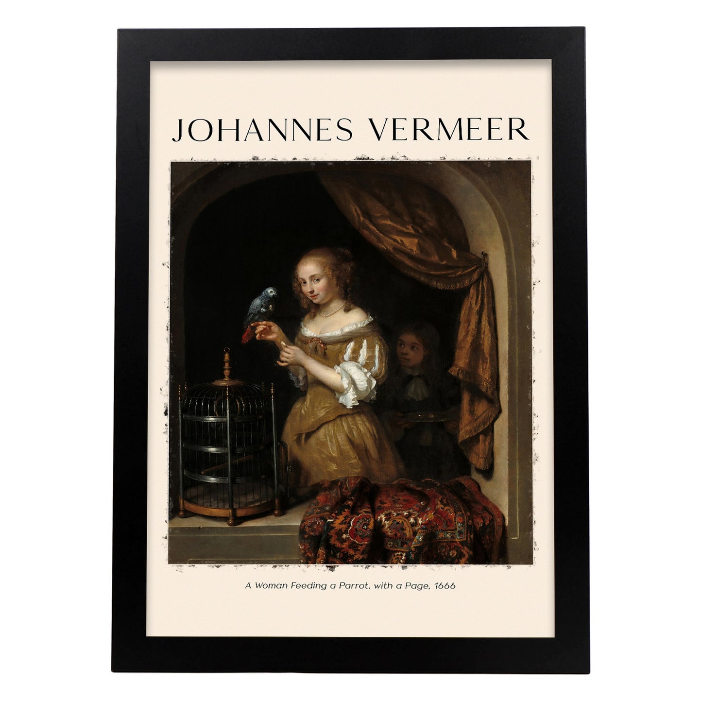 Lámina de Una Mujer Alimentando un Loro inspirada en Johannes Vermeer