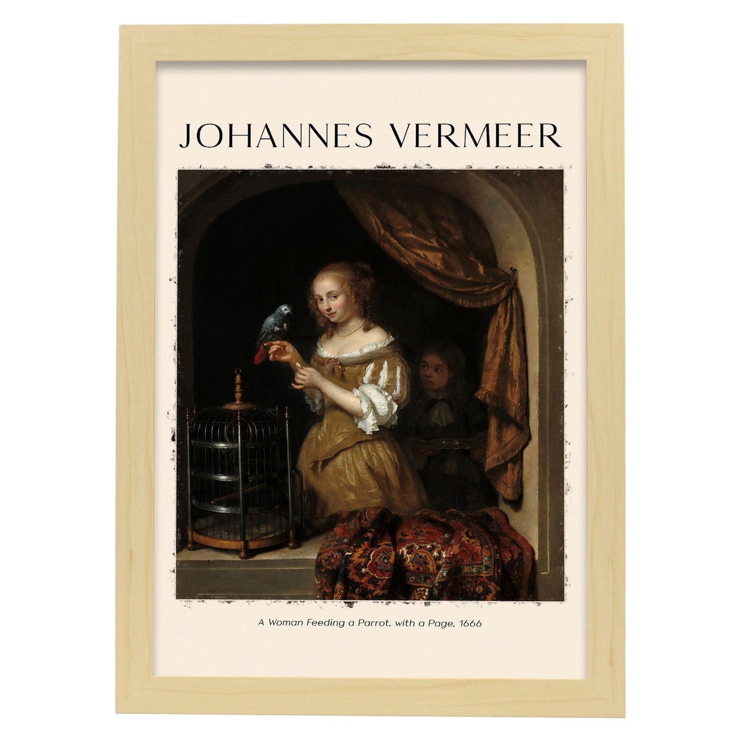 Lámina de Una Mujer Alimentando un Loro inspirada en Johannes Vermeer