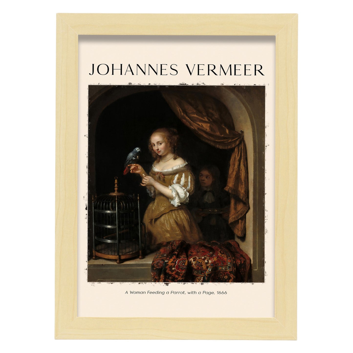 Lámina de Una Mujer Alimentando un Loro inspirada en Johannes Vermeer