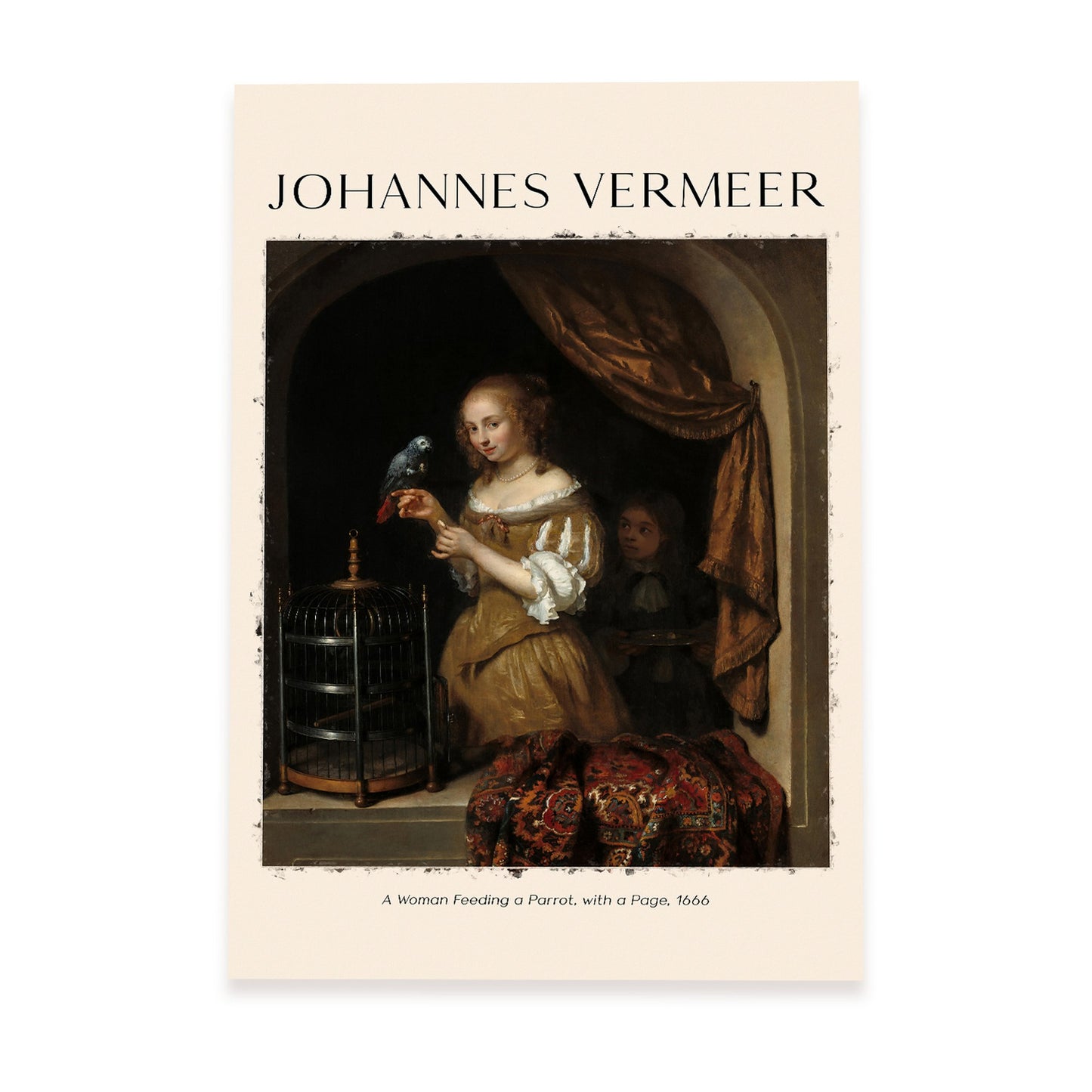 Lámina de Una Mujer Alimentando un Loro inspirada en Johannes Vermeer