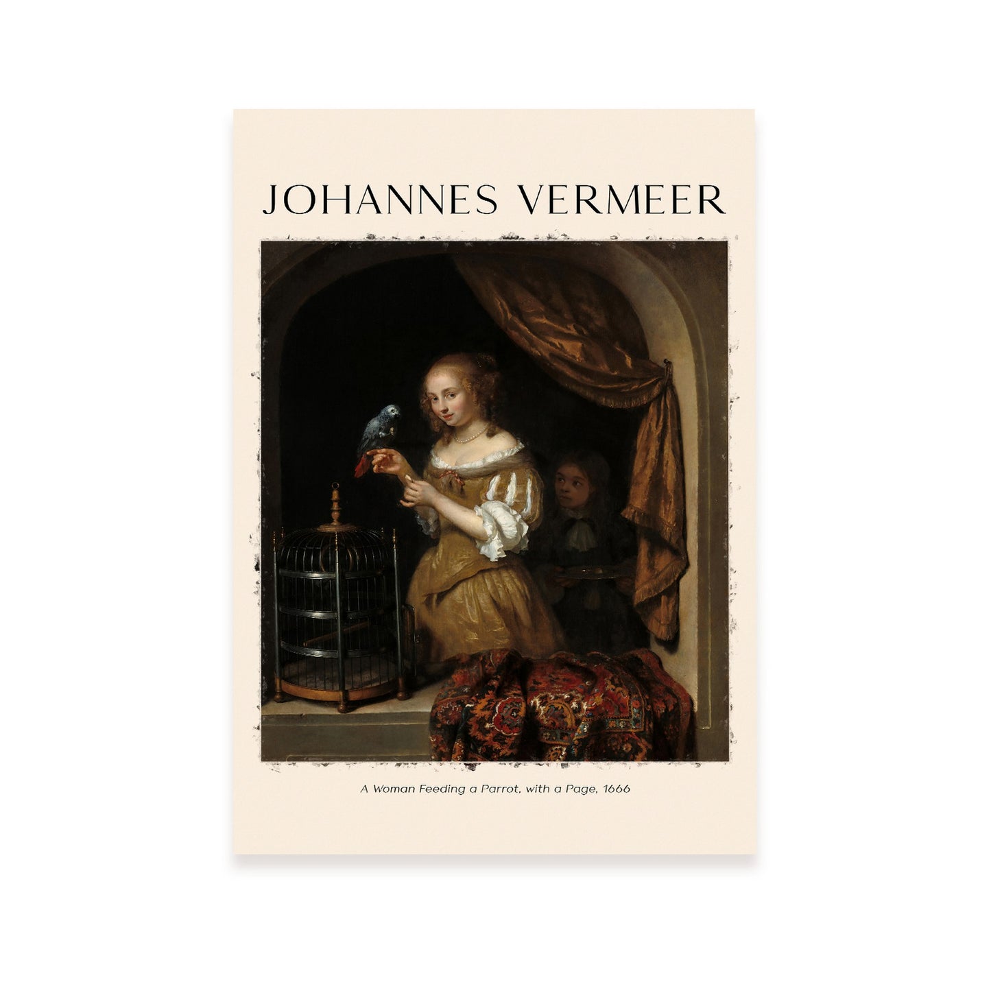 Lámina de Una Mujer Alimentando un Loro inspirada en Johannes Vermeer