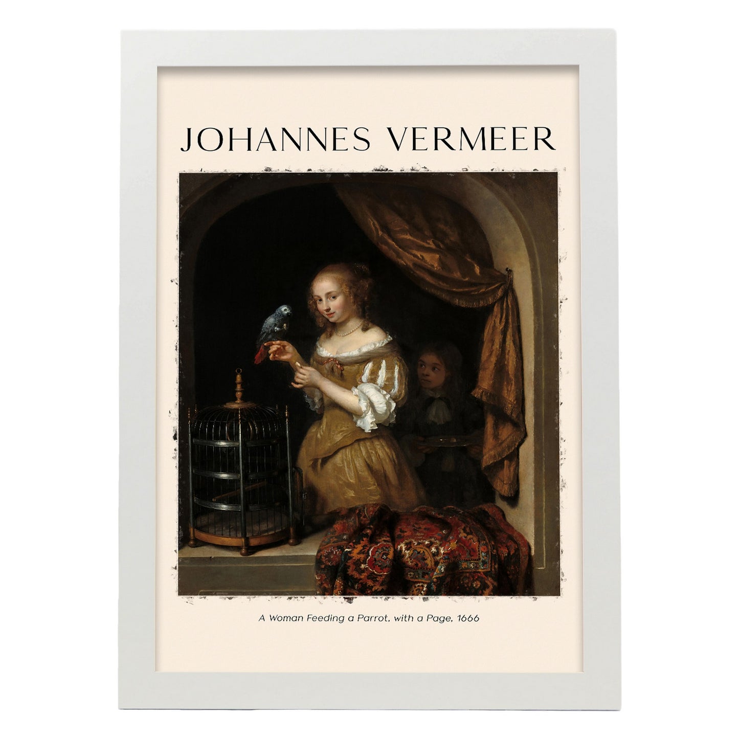 Lámina de Una Mujer Alimentando un Loro inspirada en Johannes Vermeer