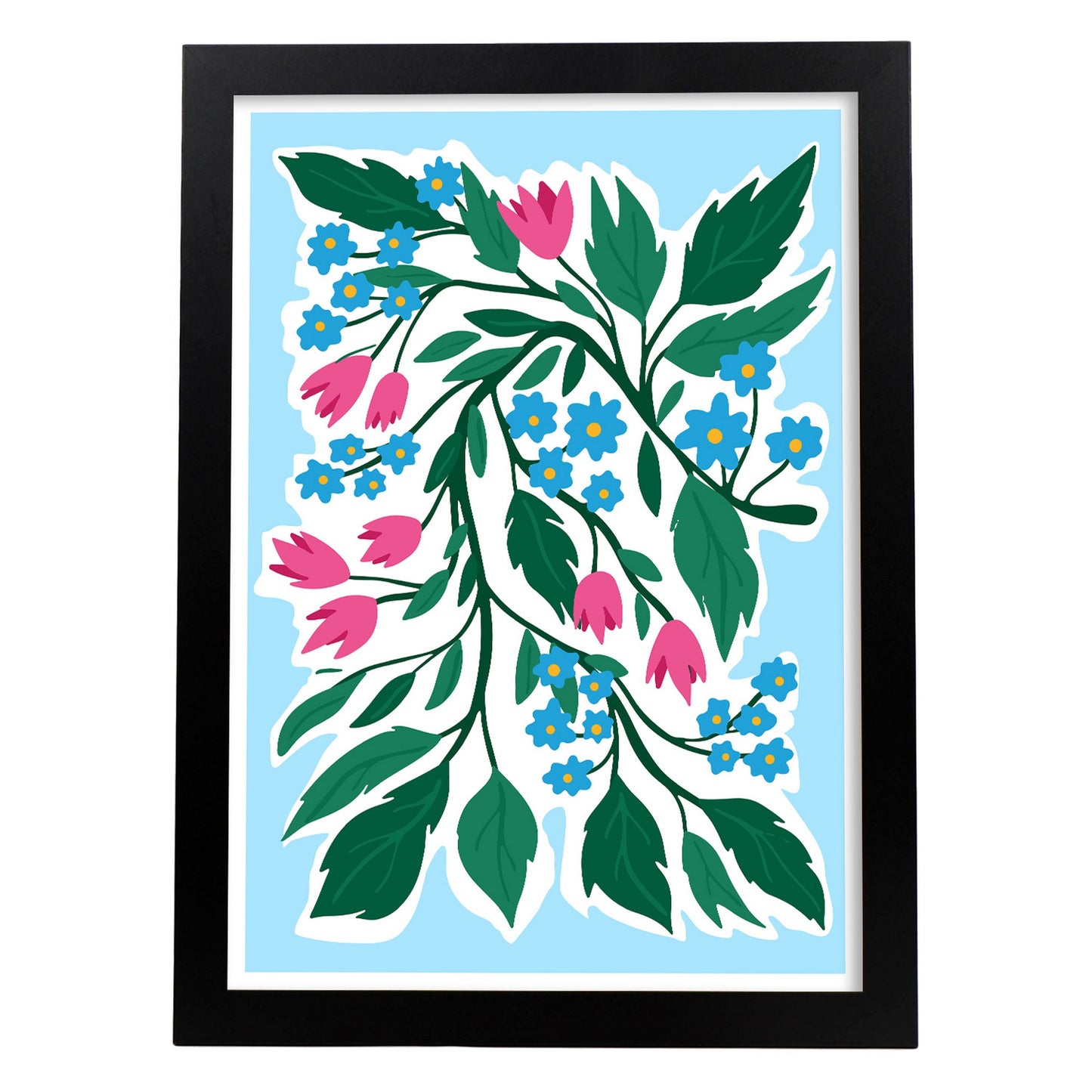 Lámina de Flores Azules y Rosas y Diseño Estético de Pared