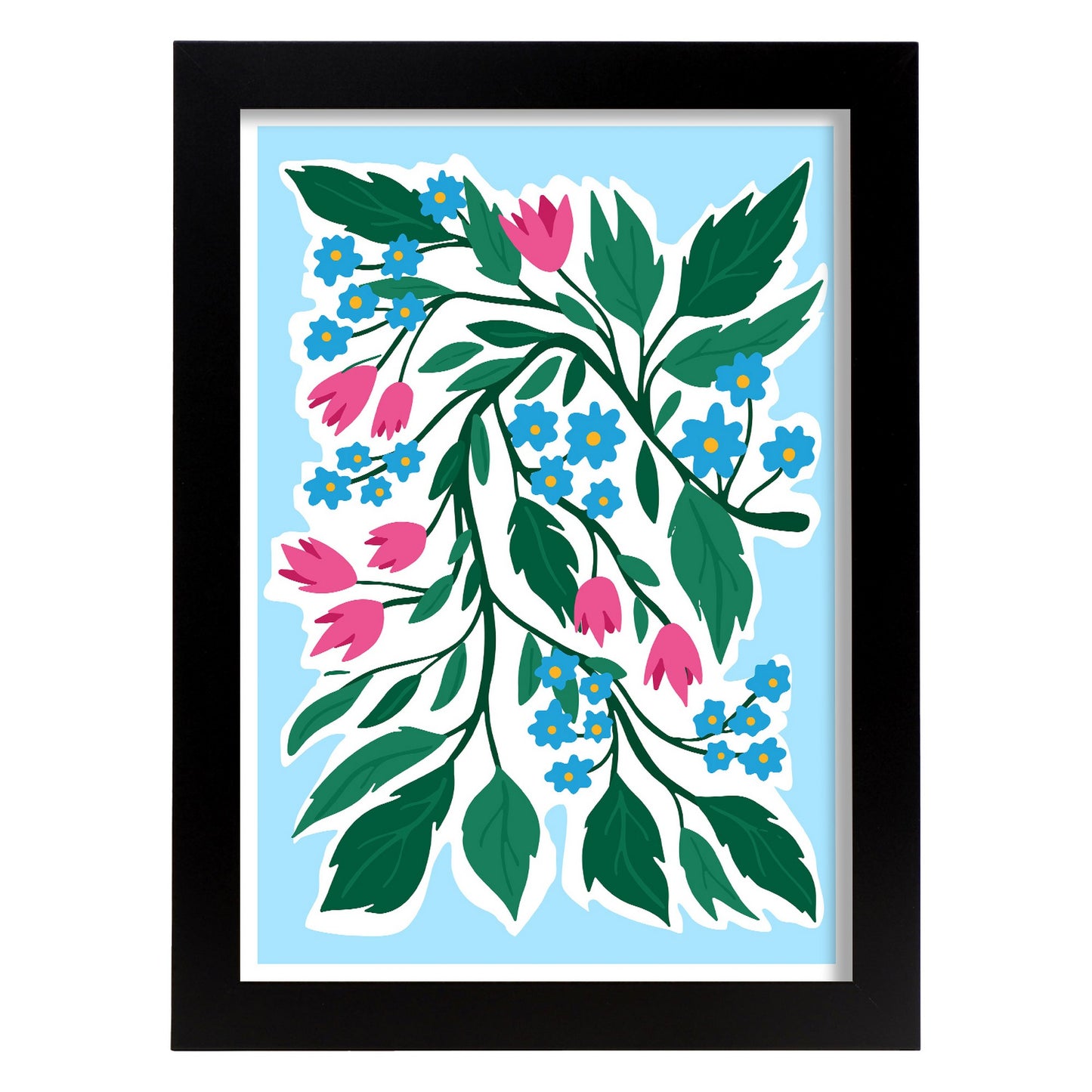 Lámina de Flores Azules y Rosas y Diseño Estético de Pared