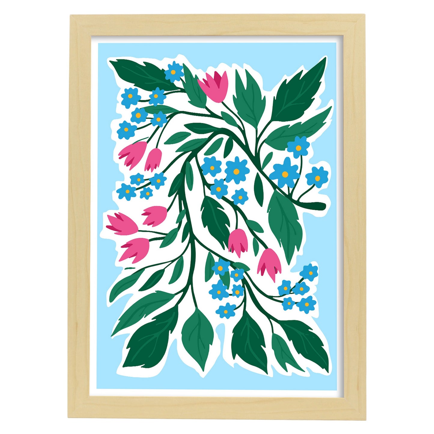 Lámina de Flores Azules y Rosas y Diseño Estético de Pared