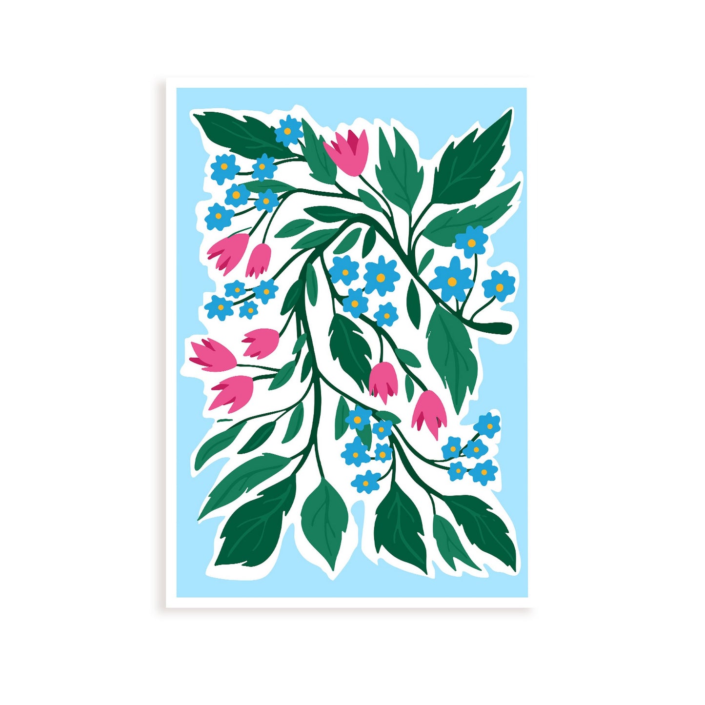 Lámina de Flores Azules y Rosas y Diseño Estético de Pared