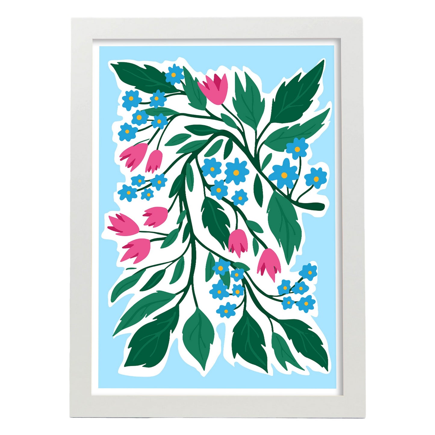 Lámina de Flores Azules y Rosas y Diseño Estético de Pared